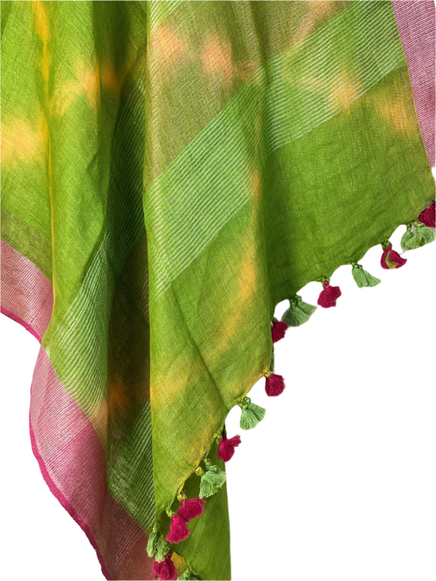 Green and pink tie-dye linen coverup by MACOEY with tassels