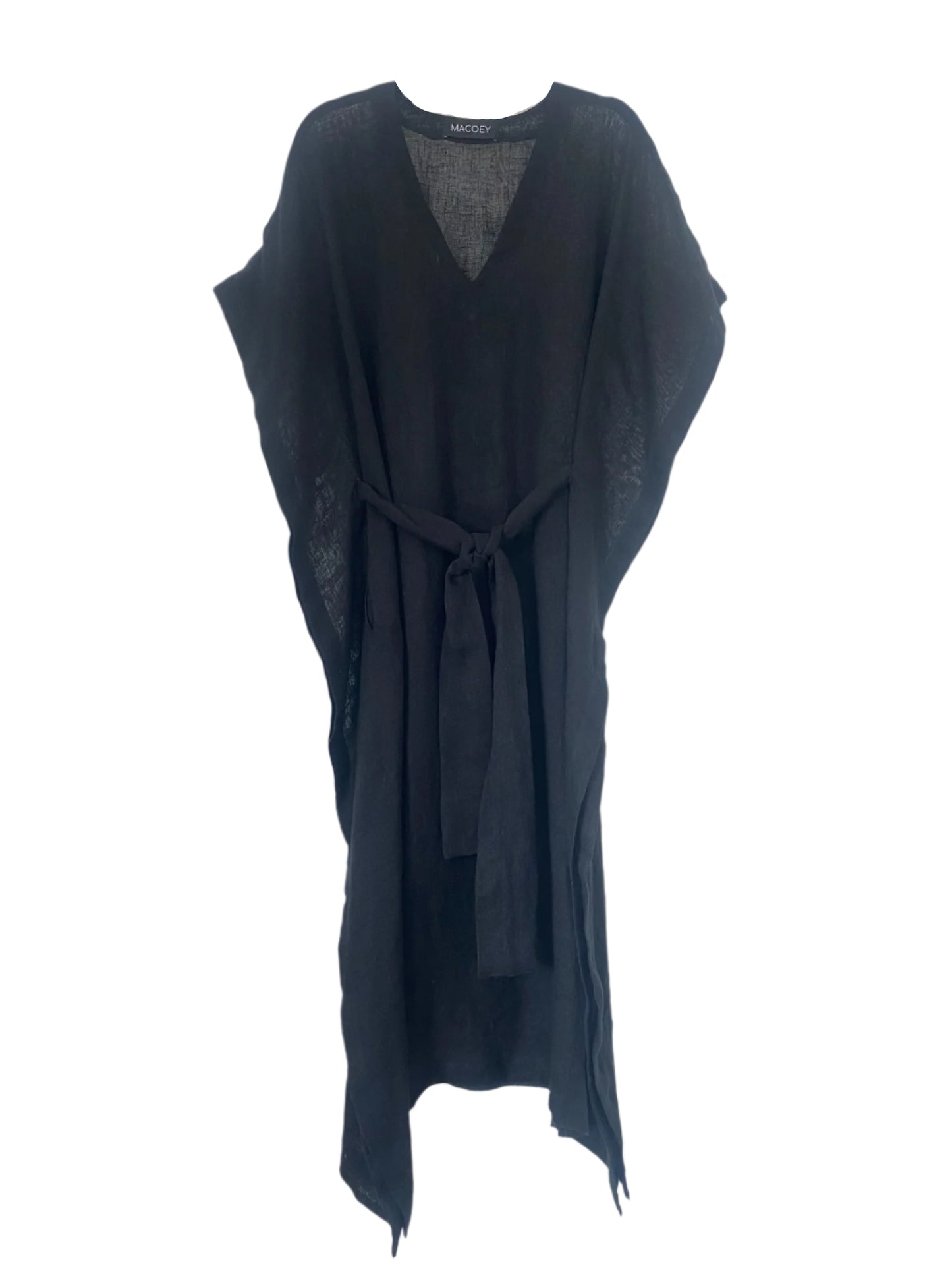 Black linen kaftan by MACOEY with midi silhouette, side pockets and detachable belt