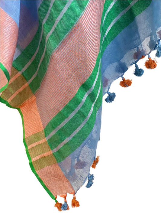 Blue linen coverup by MACOEY with green and orange border and tassels