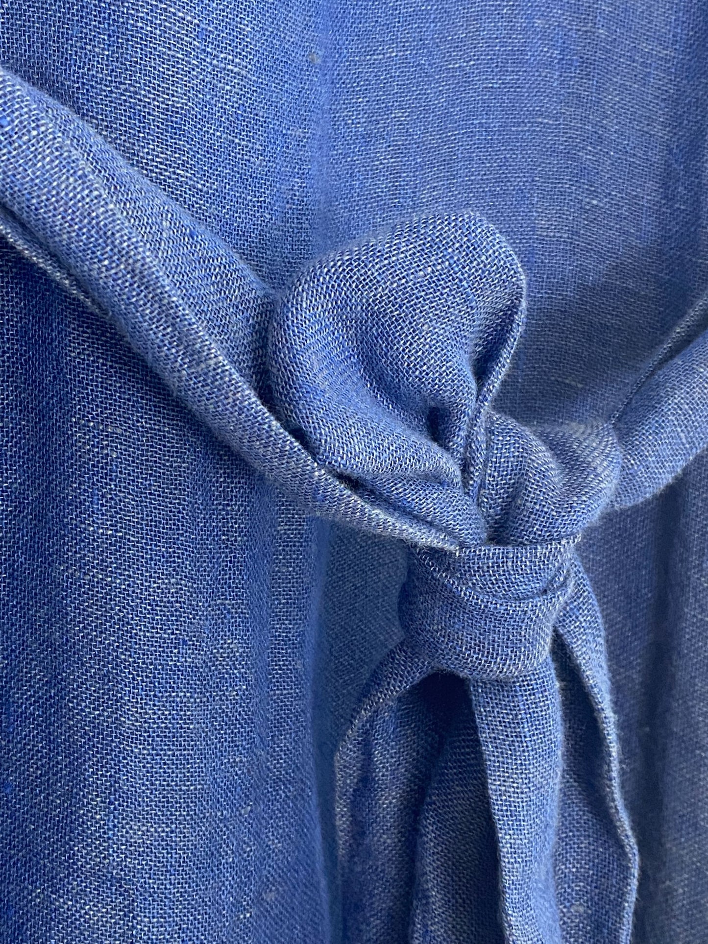Blue linen kaftan by MACOEY with midi silhouette, side pockets and detachable belt