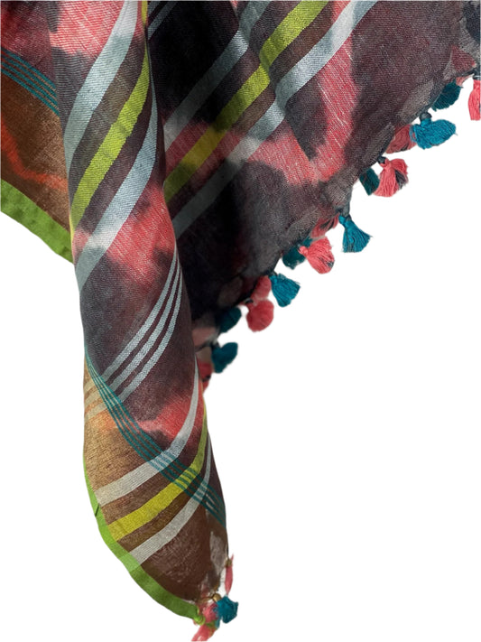 Brown and pink tie-dye linen coverup by MACOEY with striped border and tassels