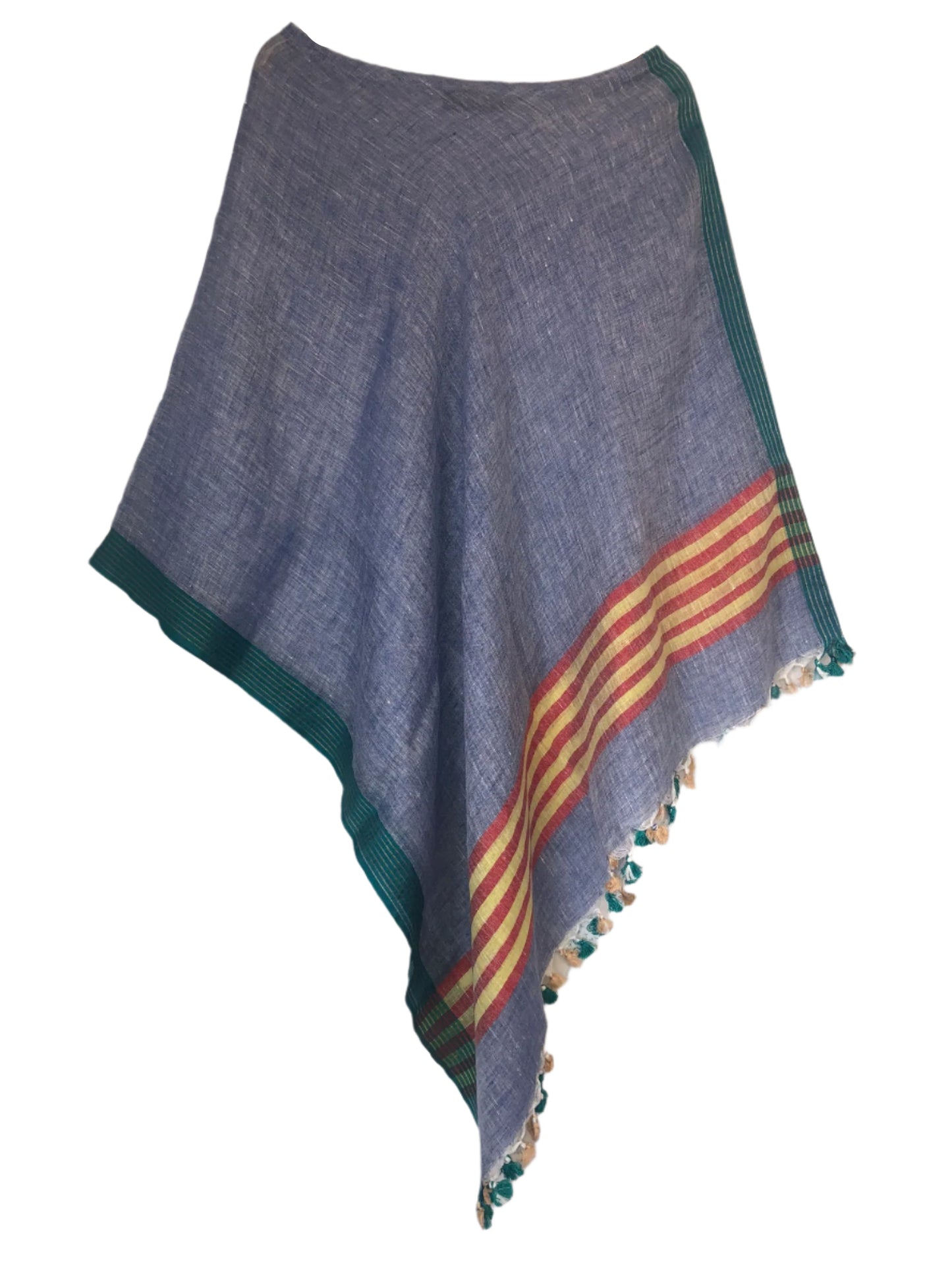 Chambray blue linen coverup by MACOEY with red and yellow stripes