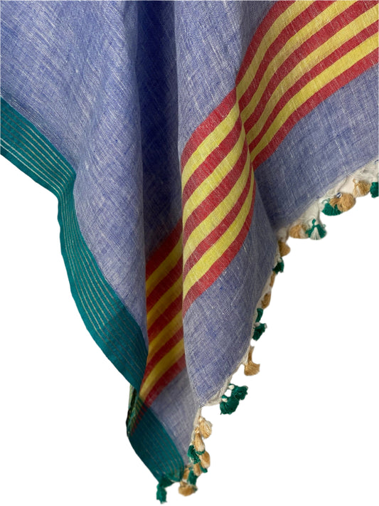 Chambray blue linen coverup by MACOEY with red and yellow stripes