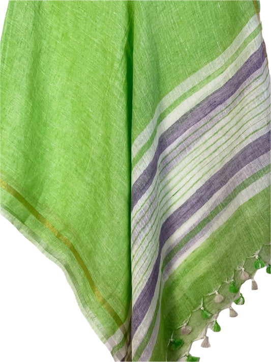 Green linen coverup by MACOEY with purple and white striped border and tassels