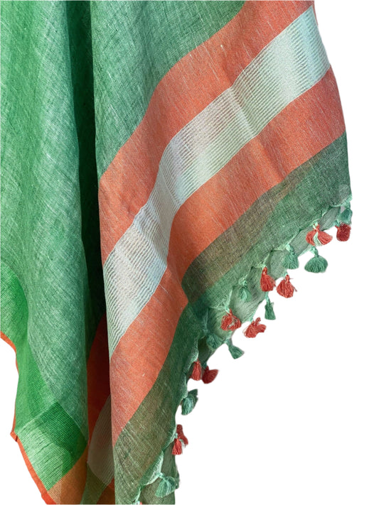 Green and orange linen coverup by MACOEY with striped border and tassels