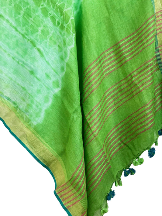 Green tie-dye linen beach coverup by MACOEY with striped border and tassels