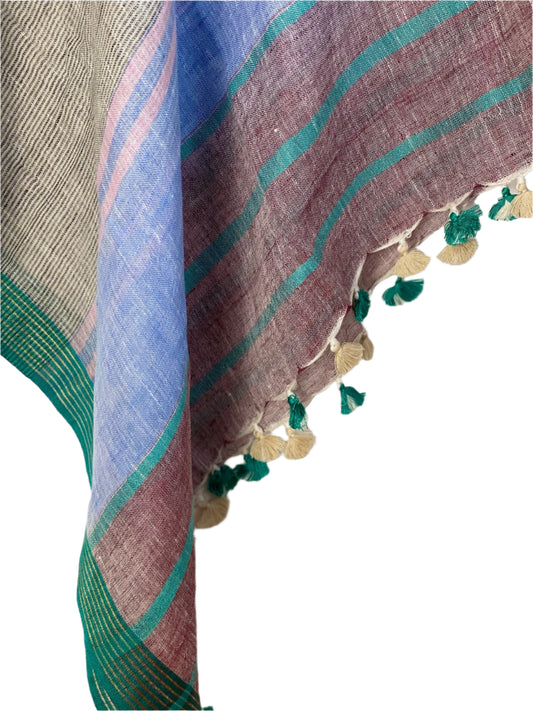 Grey handloom linen coverup by MACOEY with colorful striped border and tassels