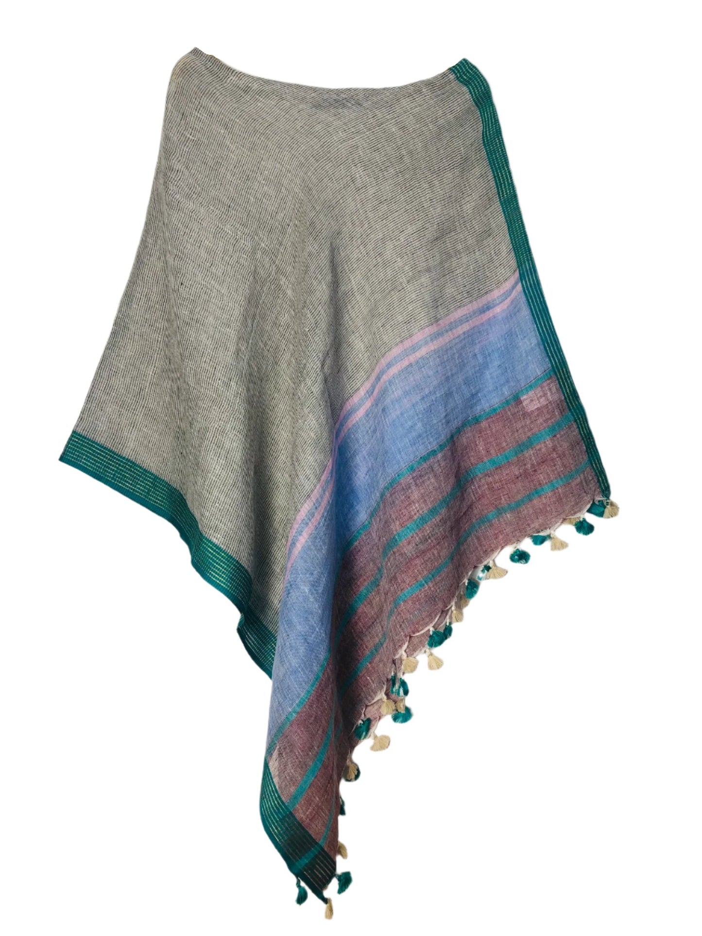 Grey handloom linen coverup by MACOEY with colorful striped border and tassels