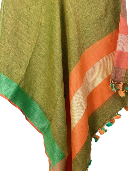 Moss green linen coverup by MACOEY with orange and green borders and tassels