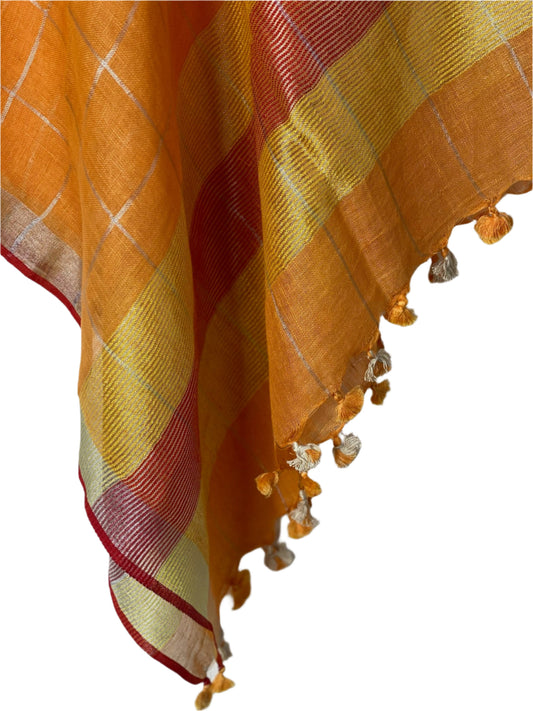 Orange and silver checked linen coverup by MACOEY with red border and tassels