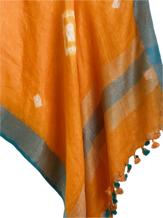 Orange tie-dye linen beach coverup by MACOEY with blue border and tassels