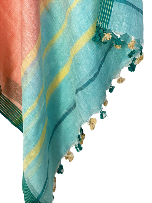 Peach linen coverup by MACOEY with green and yellow striped border and tassels