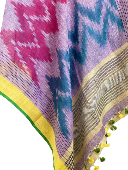 Purple ikat linen coverup by MACOEY with yellow border and tassels