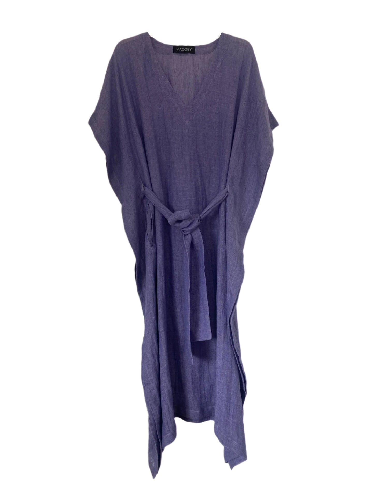 Purple linen kaftan by MACOEY with midi silhouette, side pockets and detachable belt