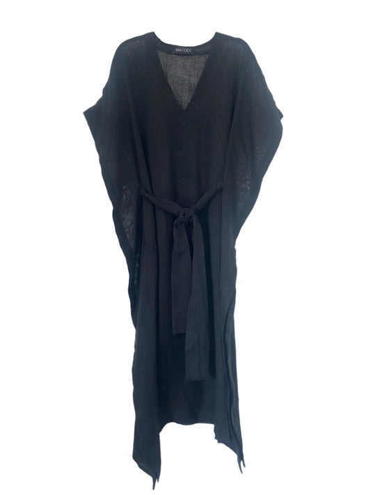 Black linen kaftan by MACOEY with midi silhouette, side pockets and detachable belt