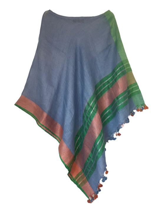 Blue linen coverup by MACOEY with green and orange border and tassels