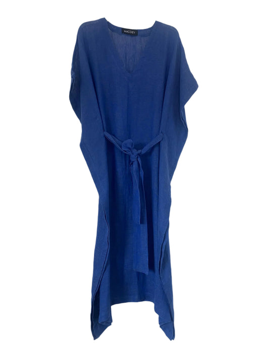 Blue linen kaftan by MACOEY with midi silhouette, side pockets and detachable belt