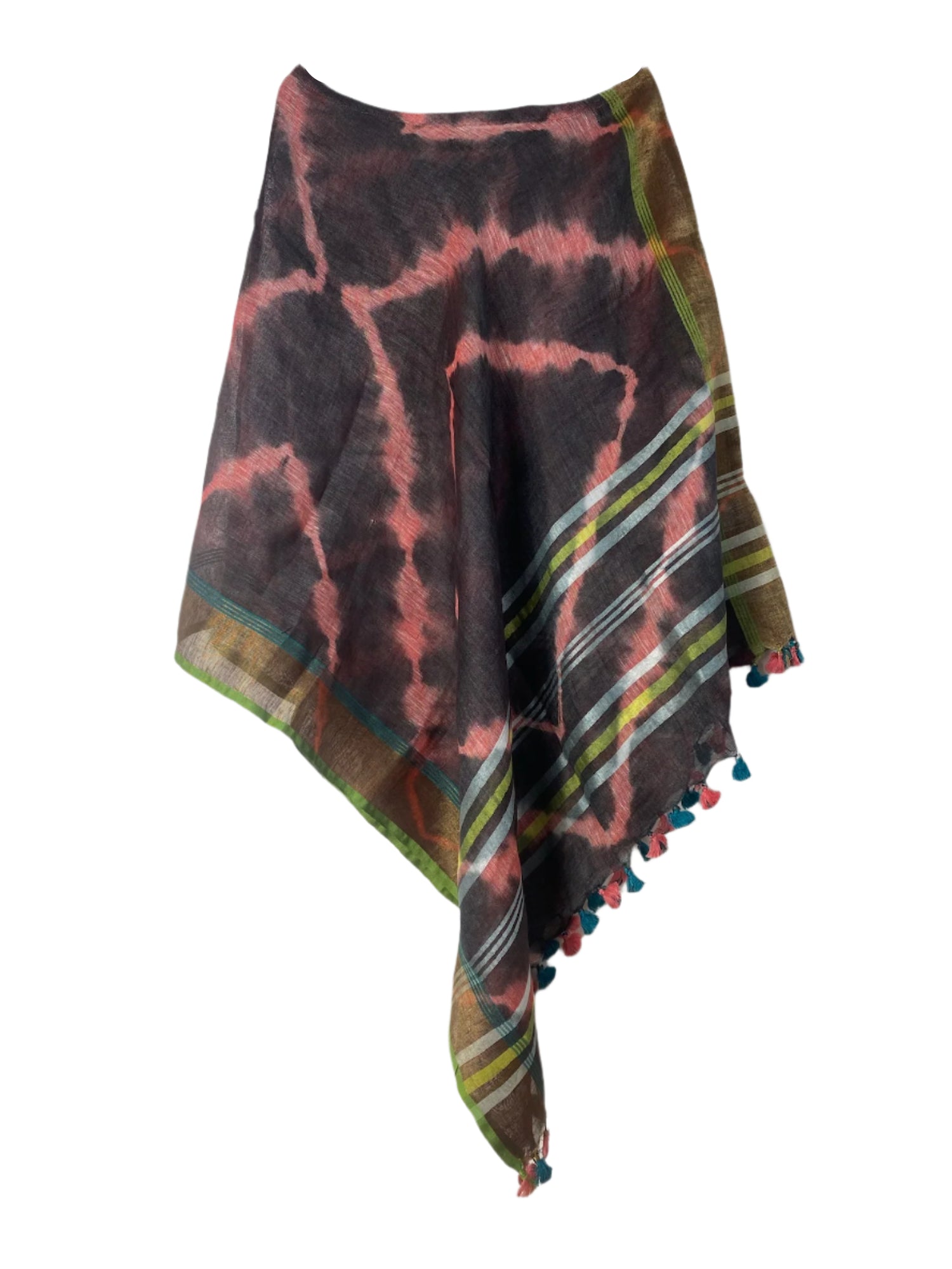 Brown and pink tie-dye linen coverup by MACOEY with striped border and tassels