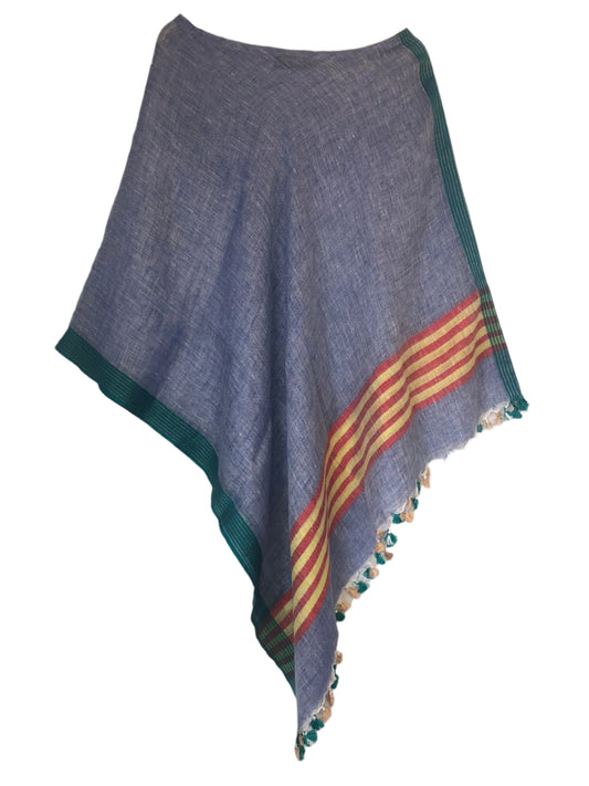 Chambray blue linen coverup by MACOEY with red and yellow stripes