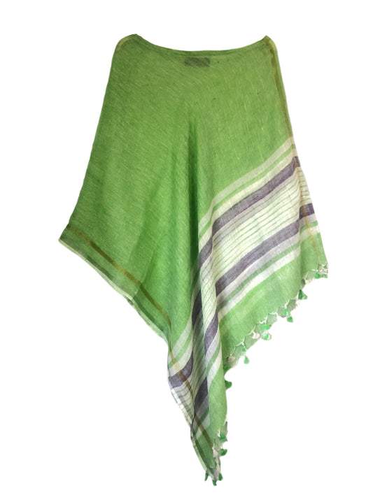 Green linen coverup by MACOEY with purple and white striped border and tassels
