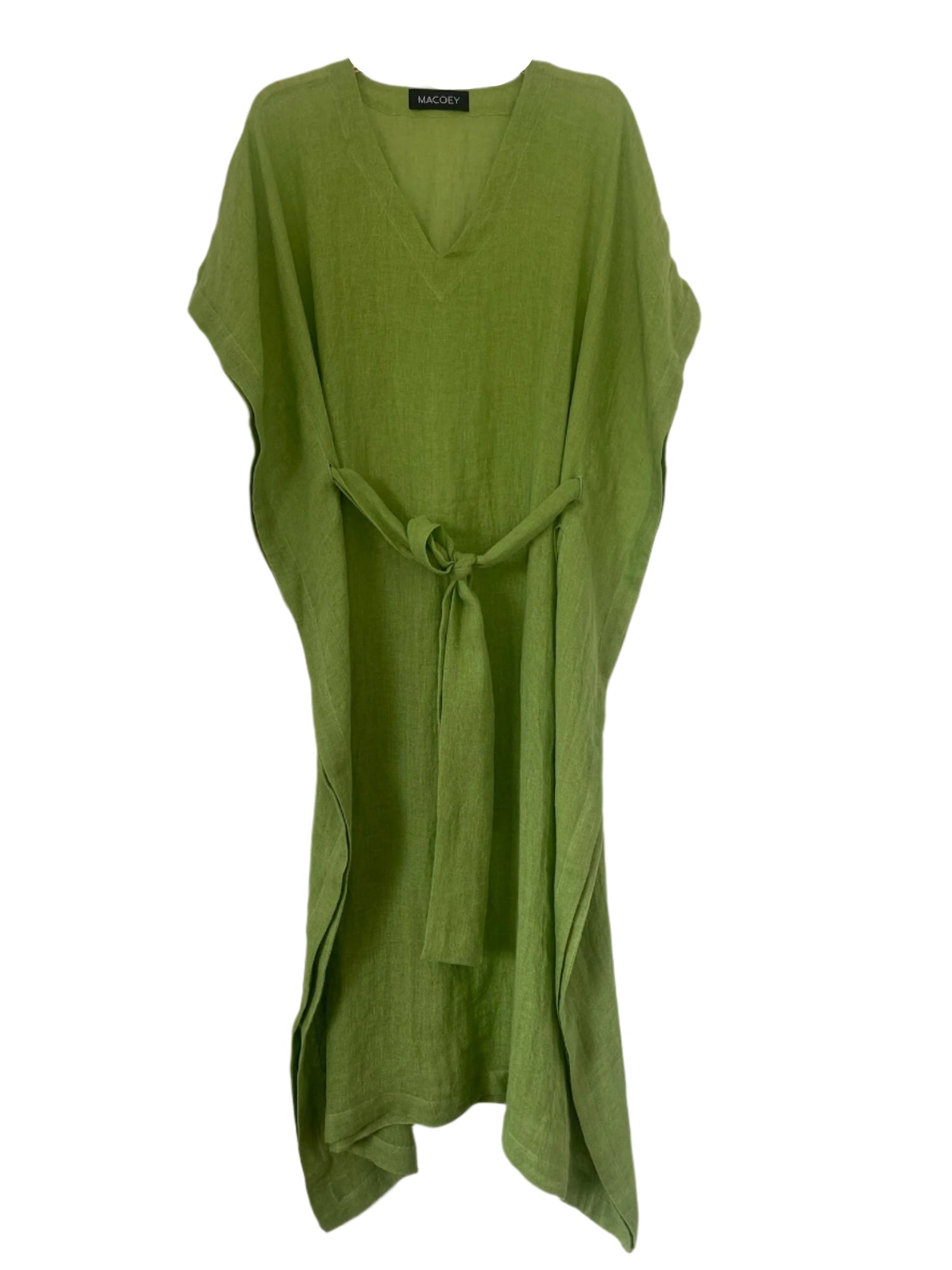 Green linen kaftan by MACOEY with midi silhouette, side pockets and detachable belt