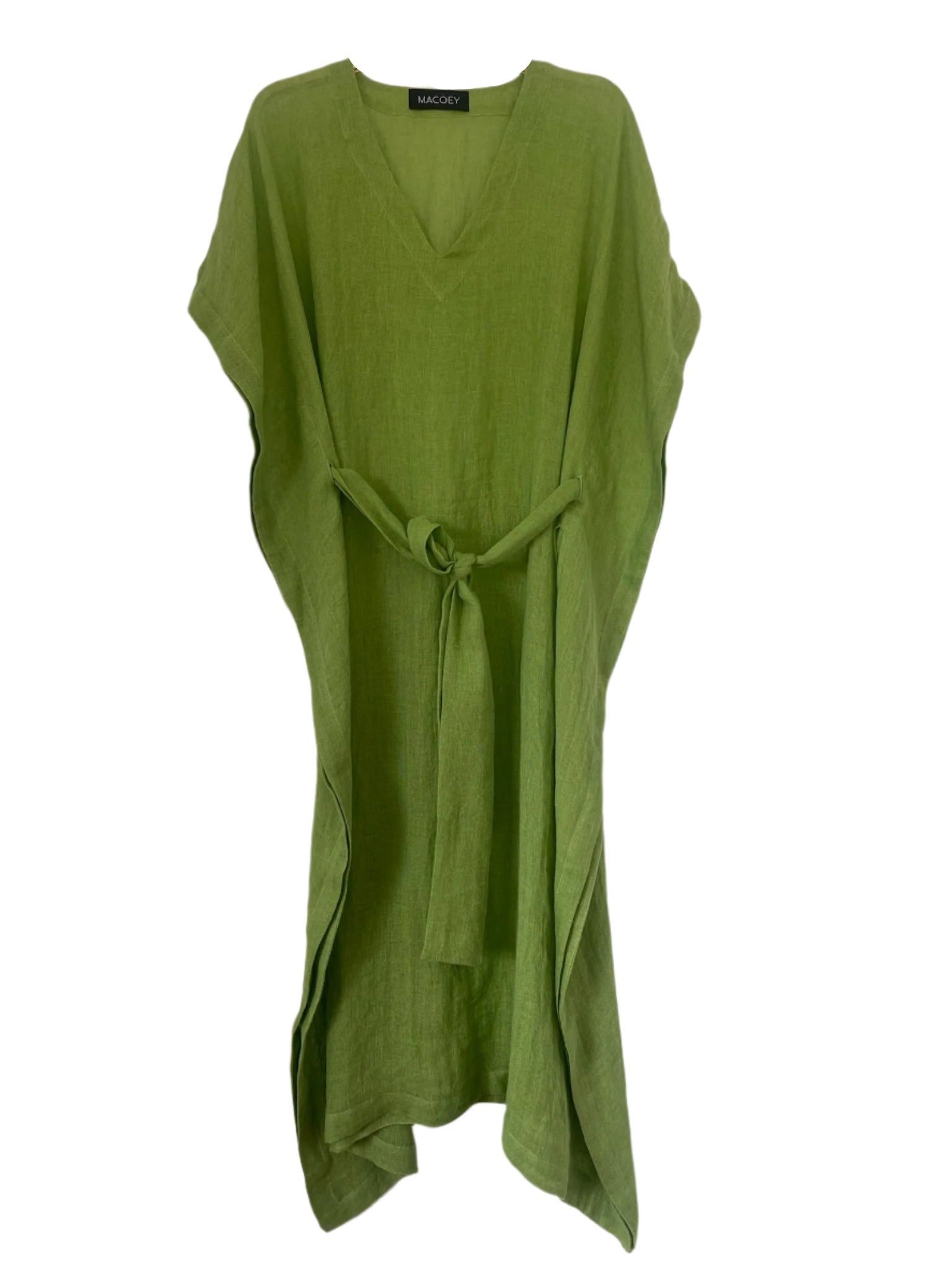 Green linen kaftan by MACOEY with midi silhouette, side pockets and detachable belt