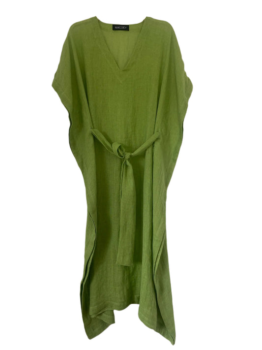 Green linen kaftan by MACOEY with midi silhouette, side pockets and detachable belt