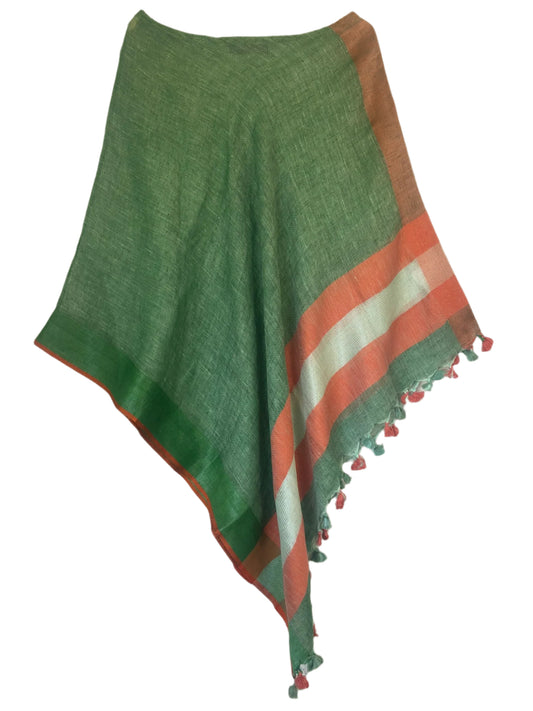 Green and orange linen coverup by MACOEY with striped border and tassels