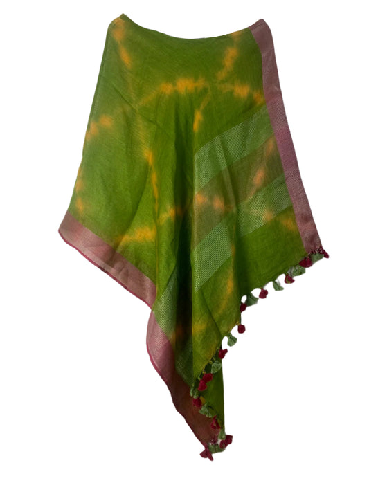 Green and pink tie-dye linen coverup by MACOEY with tassels
