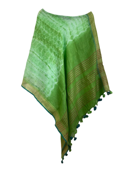Green tie-dye linen beach coverup by MACOEY with striped border and tassels