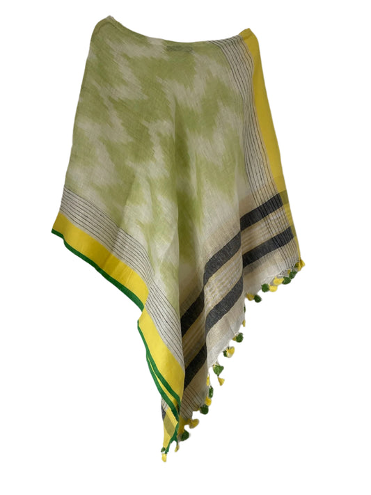 Green and yellow ikat linen coverup by MACOEY with contrasting border and tassels