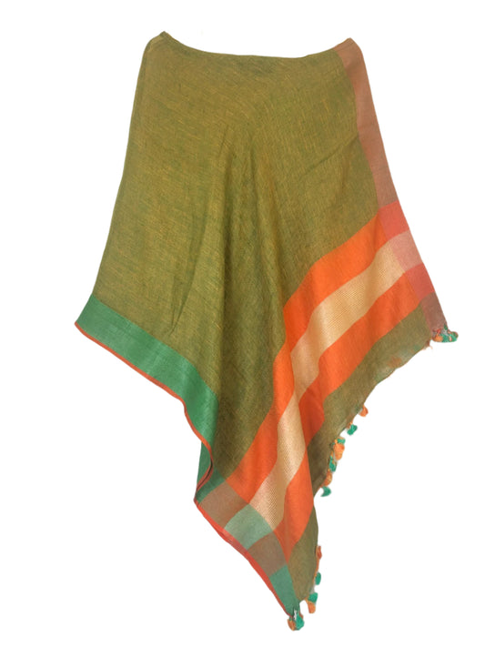 Moss green linen coverup by MACOEY with orange and green borders and tassels