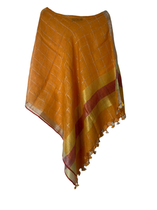 Orange and silver checked linen coverup by MACOEY with red border and tassels