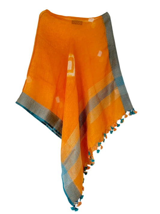 Orange tie-dye linen beach coverup by MACOEY with blue border and tassels