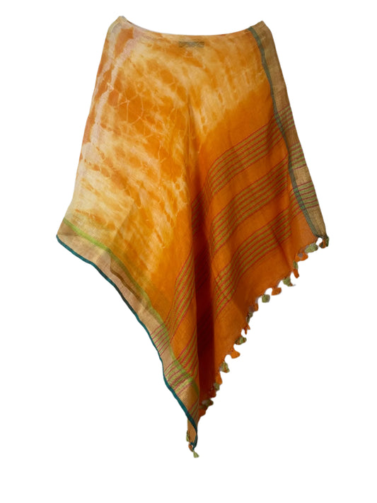 Orange tie-dye linen coverup by MACOEY with green accents and tassels