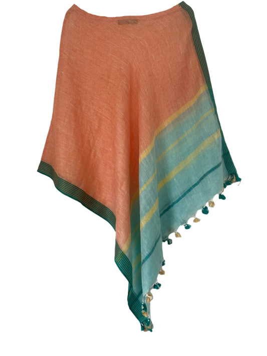 Peach linen coverup by MACOEY with green and yellow striped border and tassels