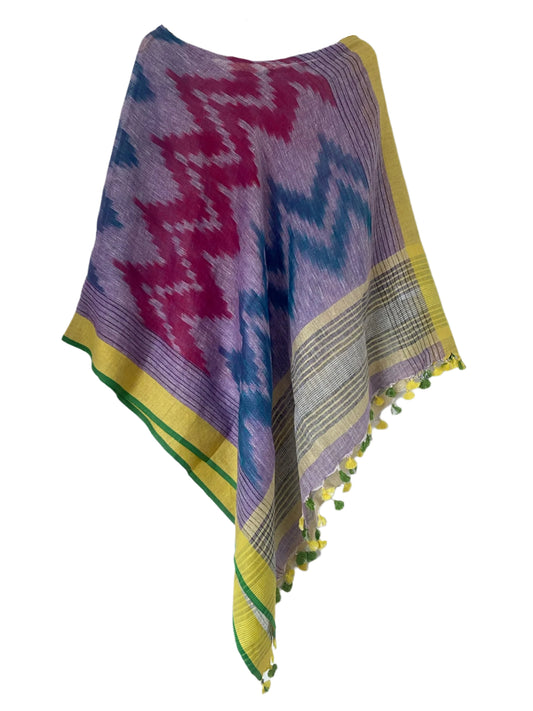 Purple ikat linen coverup by MACOEY with yellow border and tassels