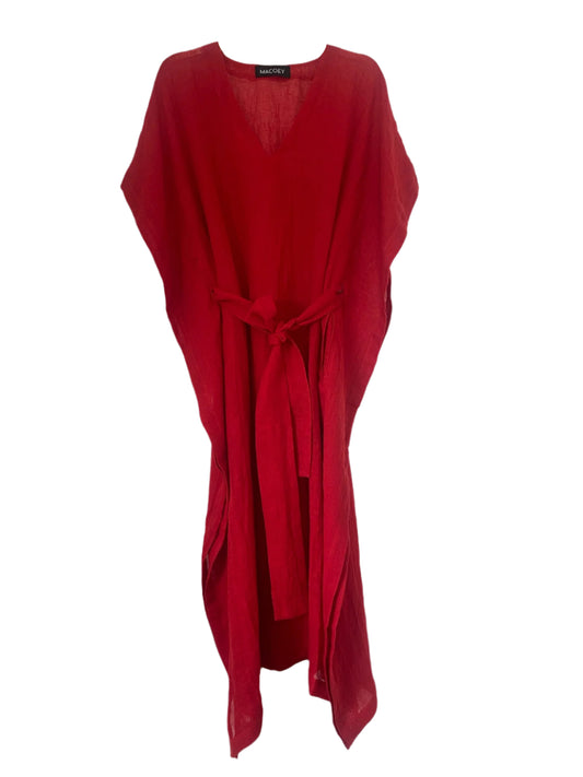 Red linen kaftan by MACOEY with midi silhouette, side pockets and detachable belt