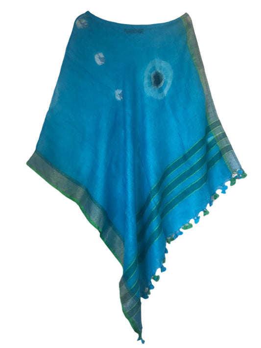 Turquoise tie-dye linen coverup by MACOEY with green striped border and tassels