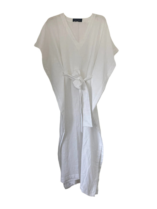 White linen kaftan by MACOEY with midi silhouette, side pockets and detachable belt
